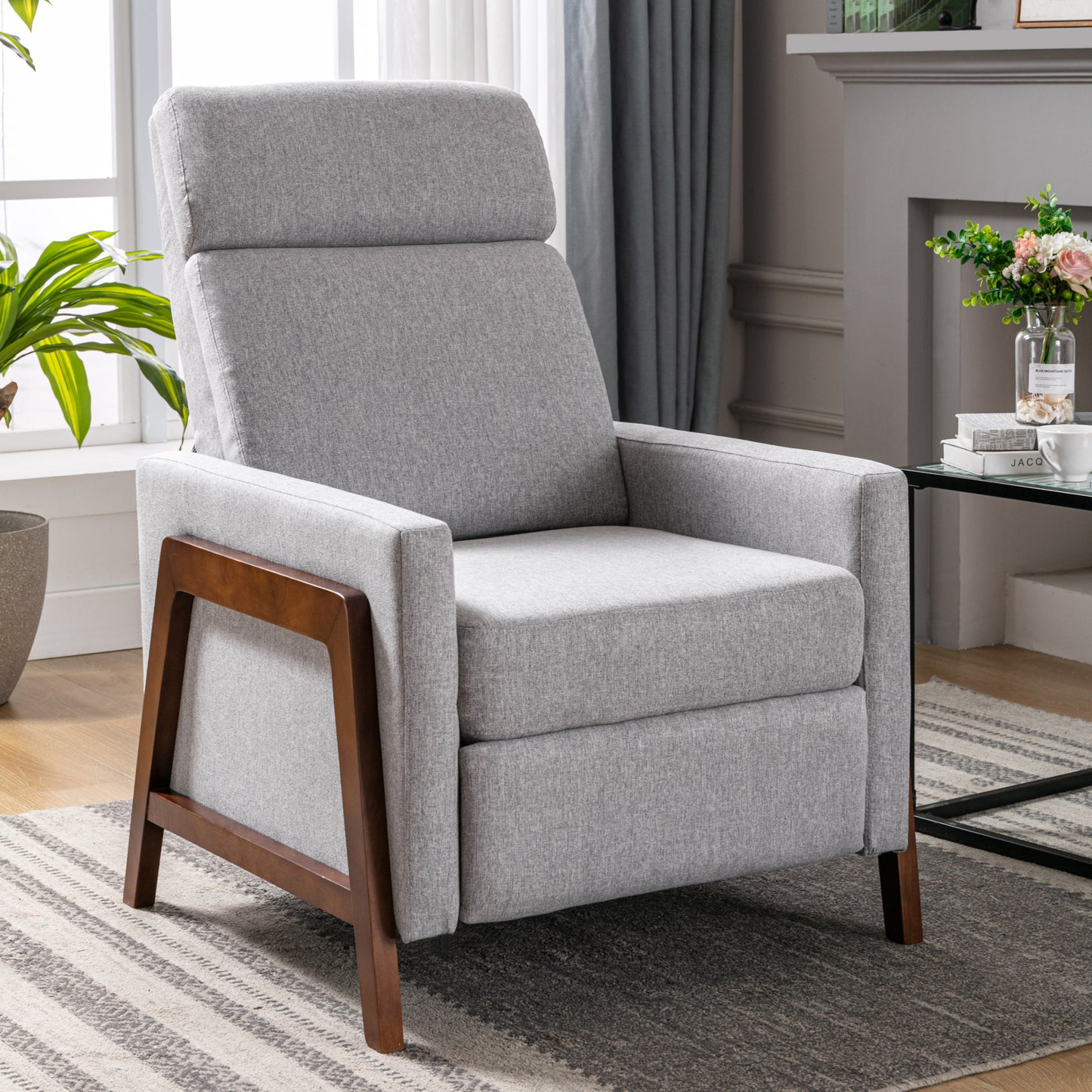 Solid Ash Wood-Framed Upholstered Recliner Chair Adjustable，Gray