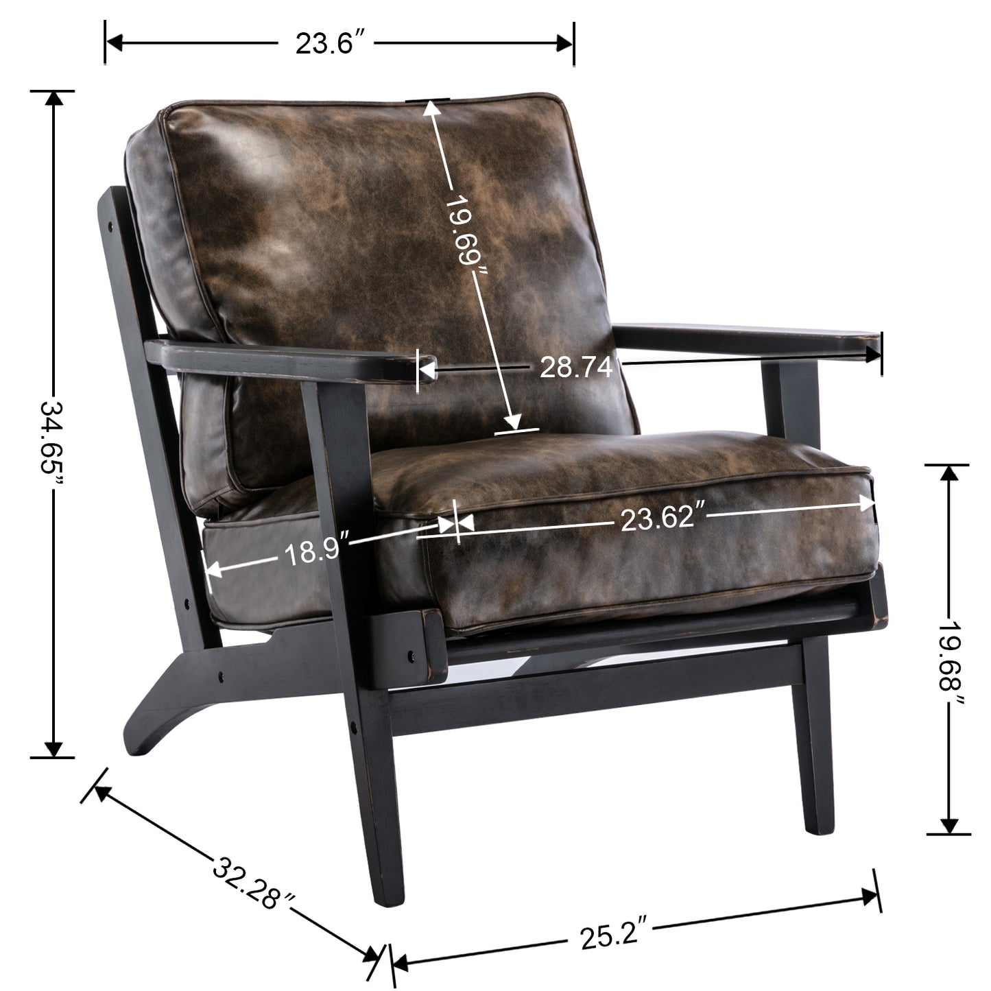 solid Ash Wood wood  black antique painting removable cushion arm chair, mid-century PU leather accent chair