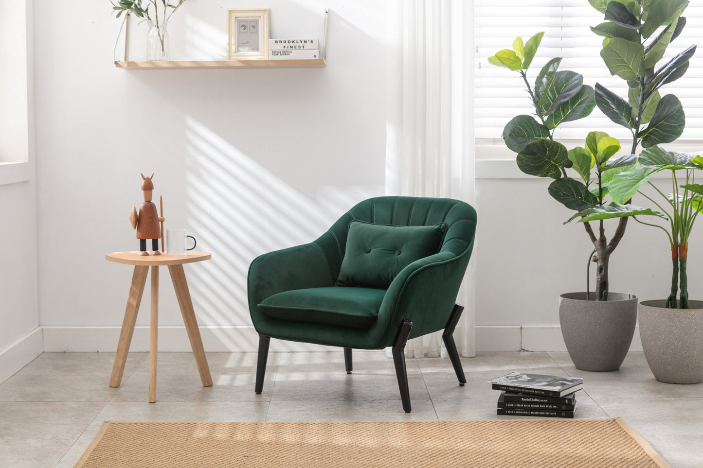 TURLU, Mid-century modern transitional armchair in velvet fabric and natural wood finish, reading chair, Emerald