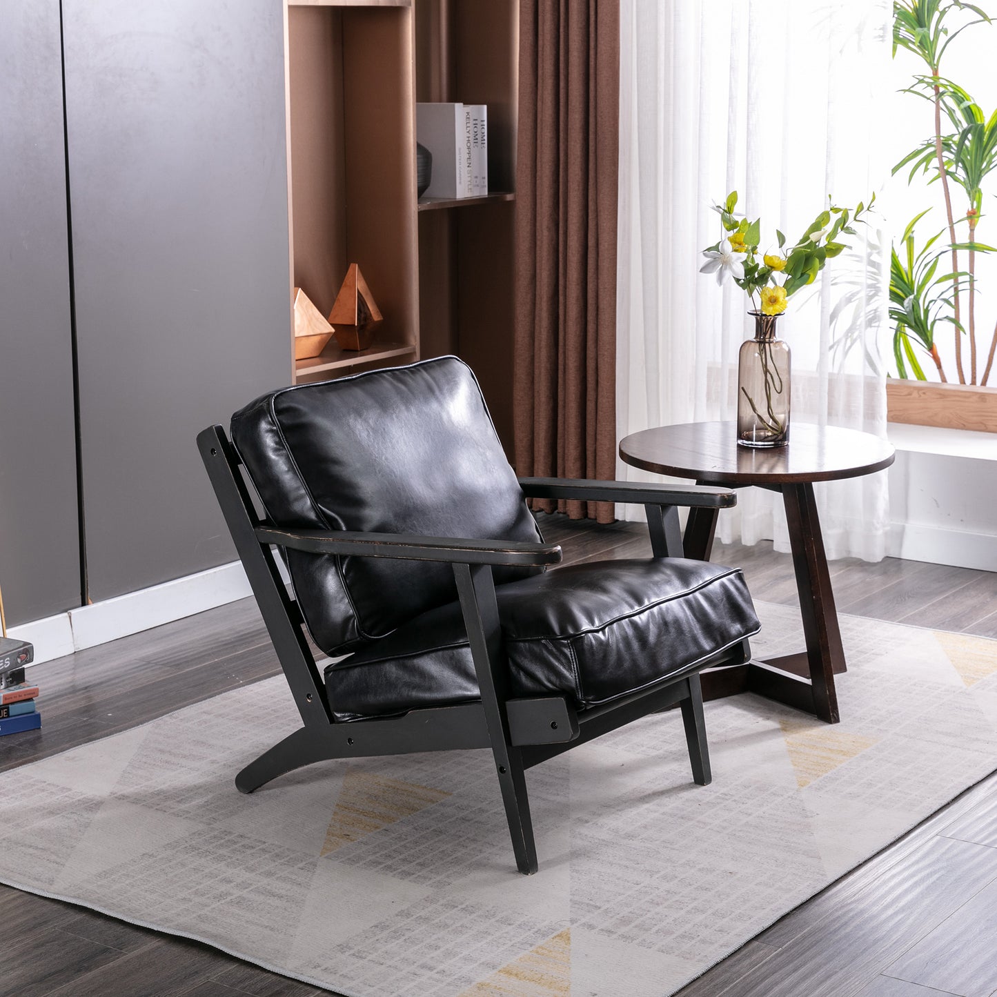 Solid Ash Wood wood  black antique painting removable cushion arm chair, mid-century sustainable PU leather accent chair