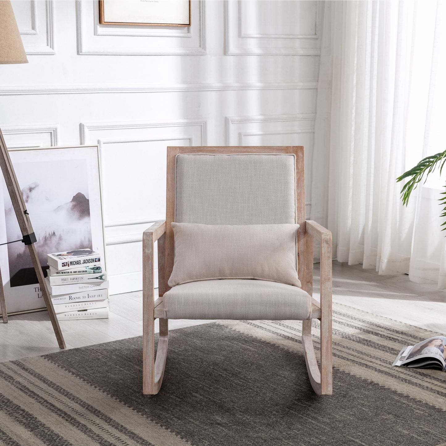 KOY Collection Solid rubber wood linen fabric antique white wash painting rocking chair with pillow