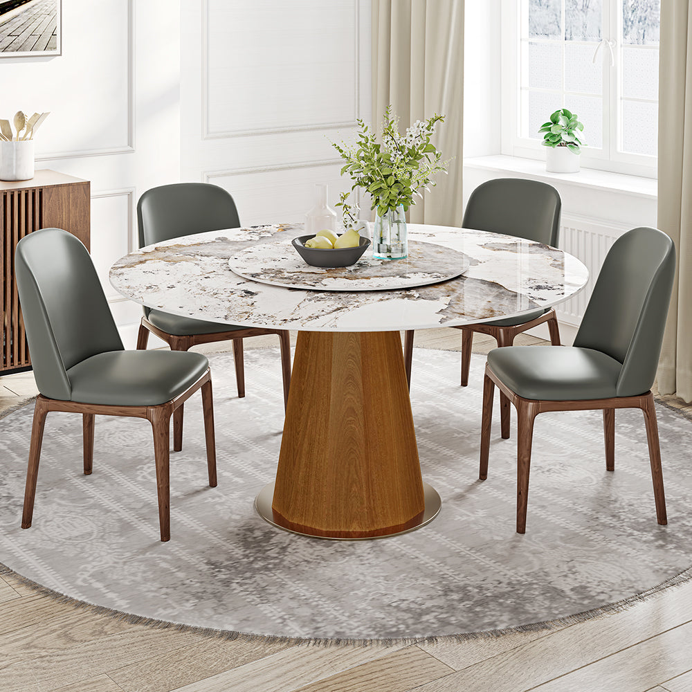 "MARMARA" round Sintered Stone Tabletop Dining Table with Lazy Susan, Red Oak Wood Base, Dining Room Table For 6