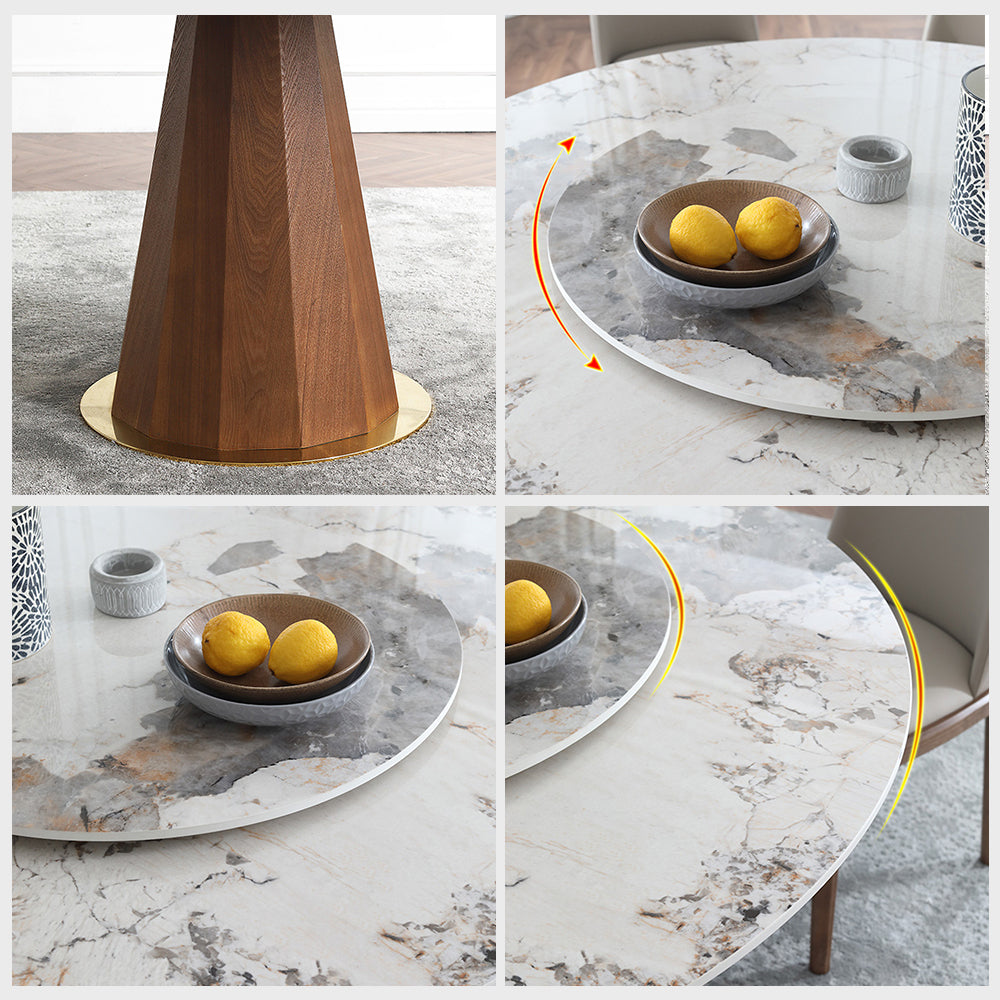 "MARMARA" round Sintered Stone Tabletop Dining Table with Lazy Susan, Red Oak Wood Base, Dining Room Table For 6