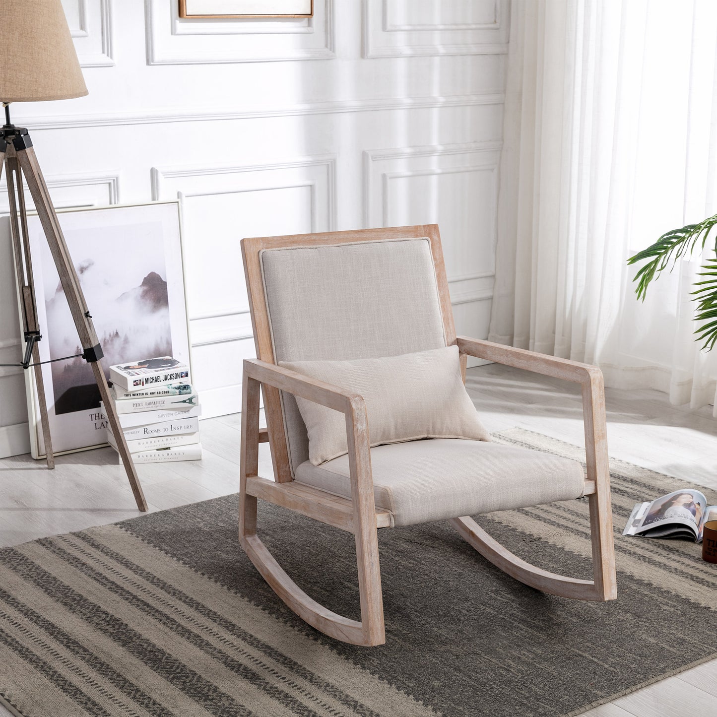 KOY Collection Solid rubber wood linen fabric antique white wash painting rocking chair with pillow