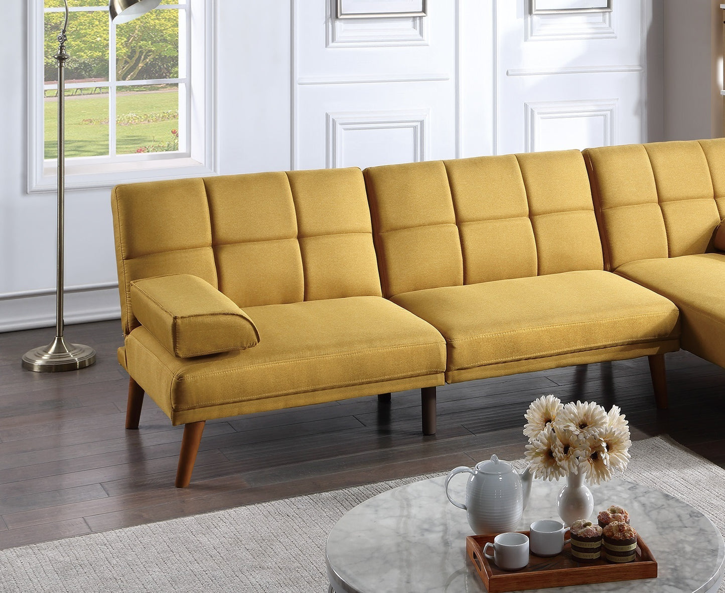 BASIT Collection Mustard Color Polyfiber Sectional Sofa Set Living Room Furniture Solid wood Legs Tufted Couch Adjustable Sofa Chaise