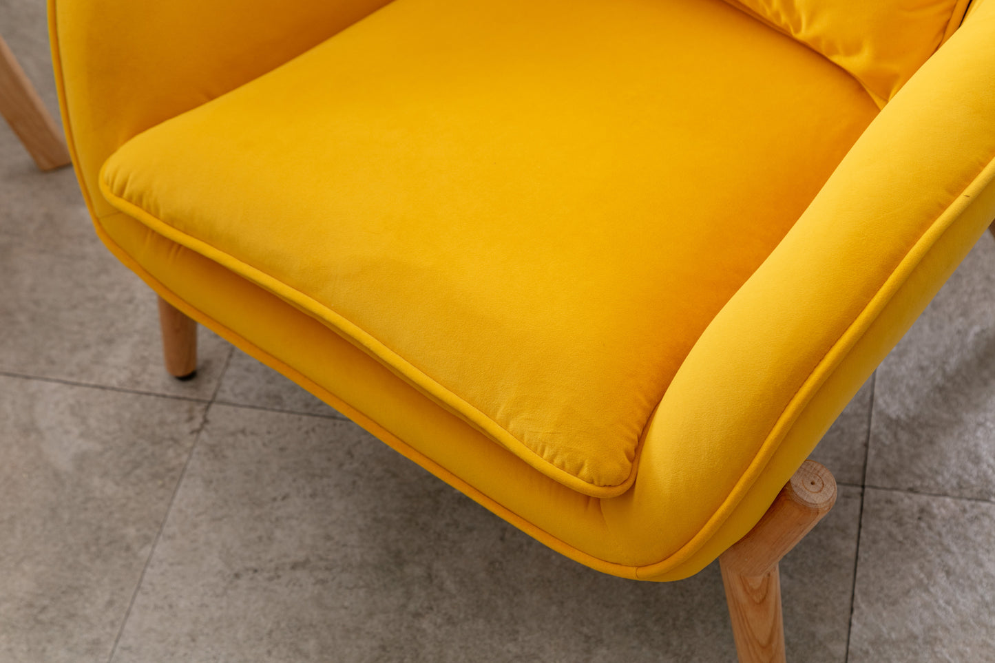 TURLU, Mid-century modern transitional armchair in velvet fabric and natural wood finish, reading chair,Yellow
