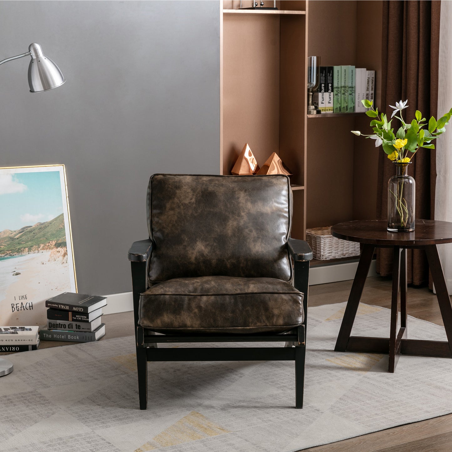 solid Ash Wood wood  black antique painting removable cushion arm chair, mid-century PU leather accent chair