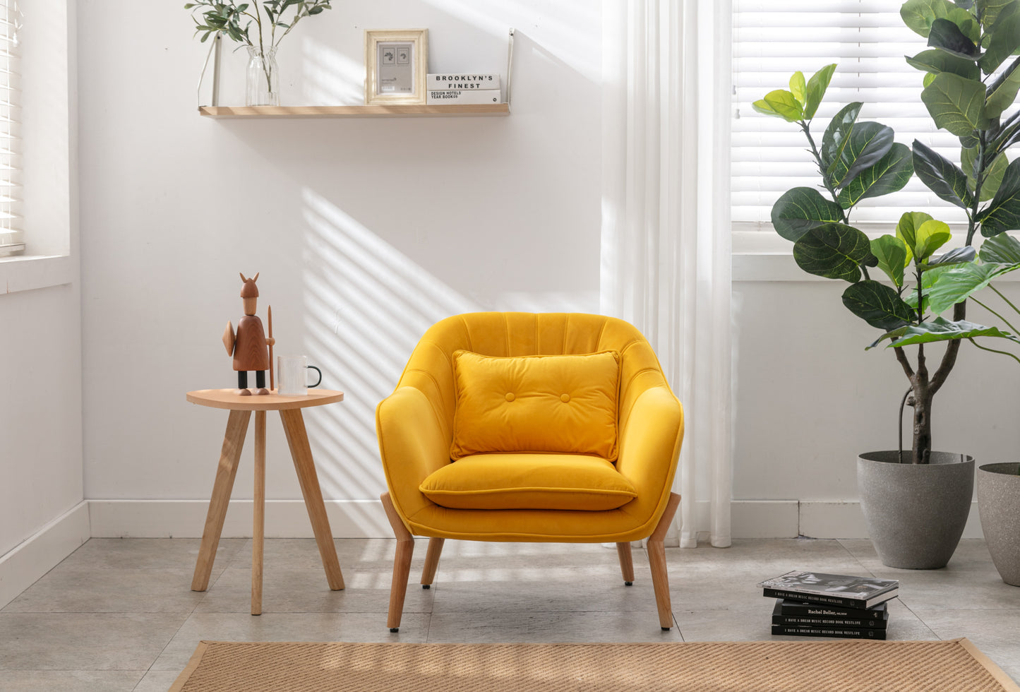 TURLU, Mid-century modern transitional armchair in velvet fabric and natural wood finish, reading chair,Yellow
