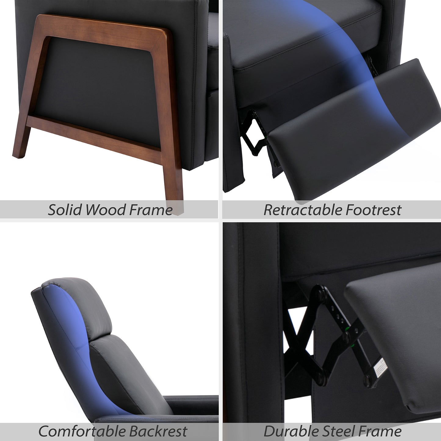 Solid Ash Wood-Framed PU Leather Recliner Chair Adjustable，Black
