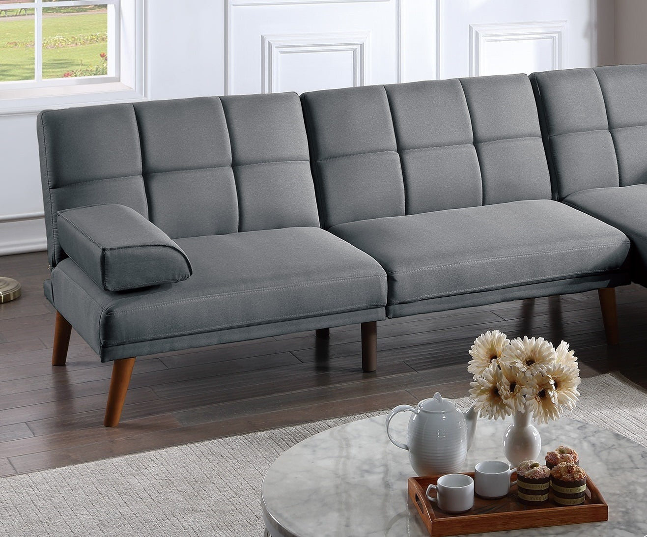 BASIT Collection Blue Grey Color Polyfiber Sectional Sofa Set Living Room Furniture Solid wood Legs Tufted Couch Adjustable Sofa Chaise