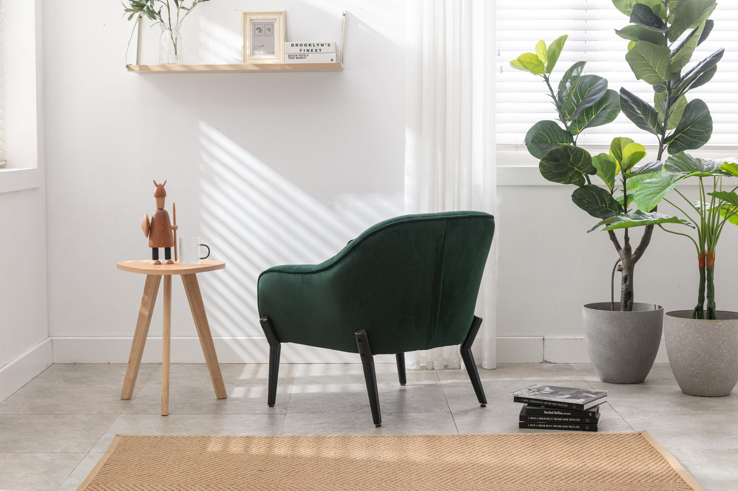 TURLU, Mid-century modern transitional armchair in velvet fabric and natural wood finish, reading chair, Emerald