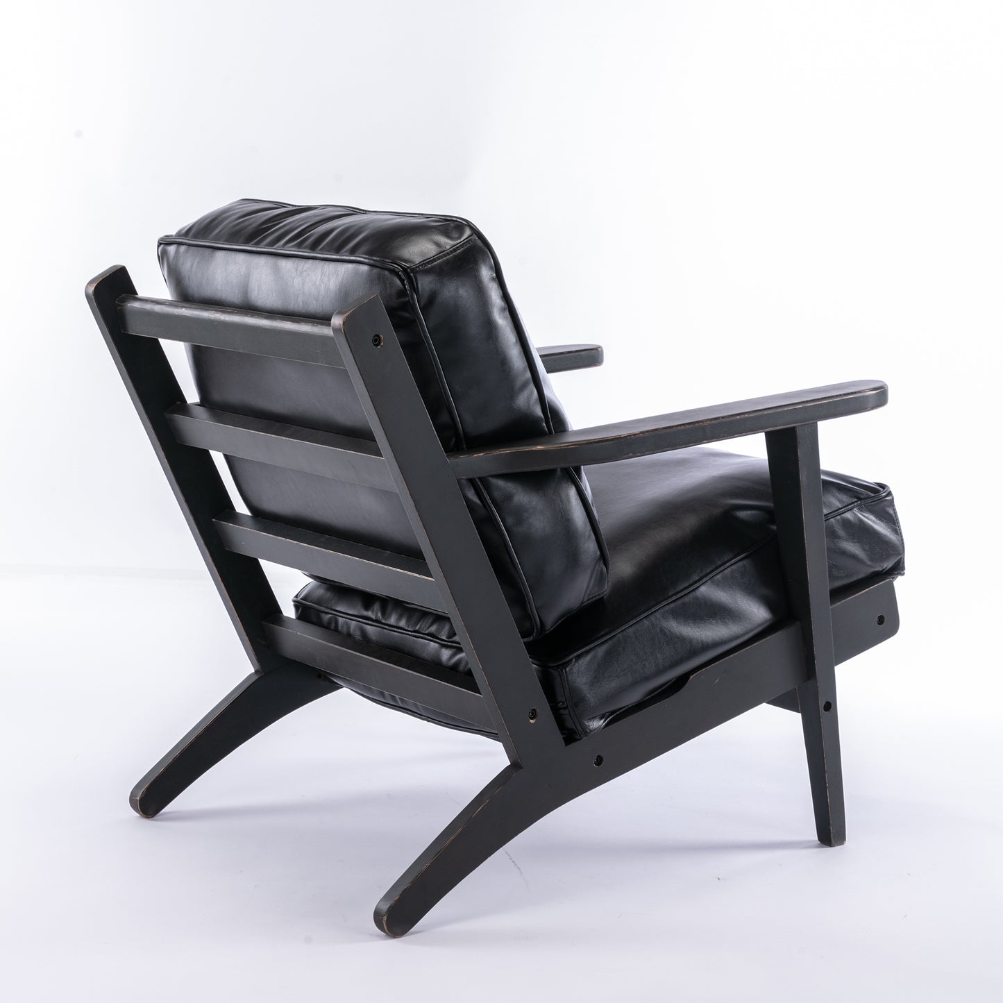 Solid Ash Wood wood  black antique painting removable cushion arm chair, mid-century sustainable PU leather accent chair