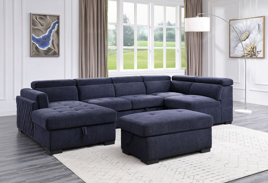 "PRESTON" Sectional Sofa with Storage and Ottoman Navy Blue